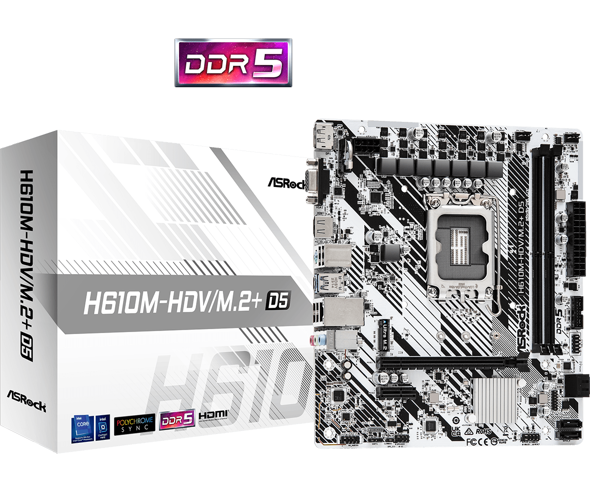 Board Asrock INTEL H610M-HDV/M.2+D5 LGA 1700 Micro ATX Soporta 12th, 13th y 14th Generacion DDR4