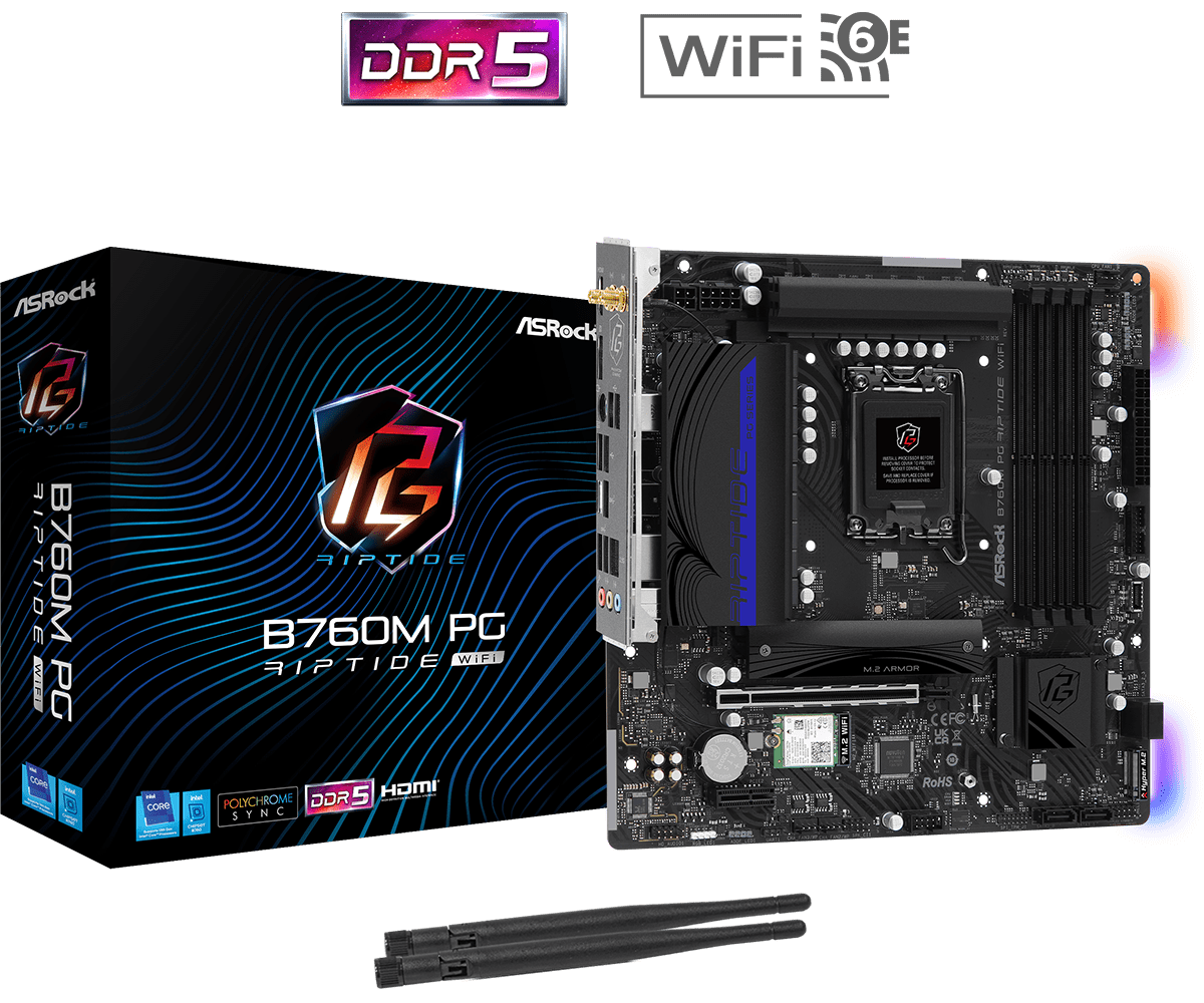 Board Asrock INTEL B760M PG Riptide Wifi LGA 1700 Micro ATX Soporta 12th,13th y 14th Generacion DDR4